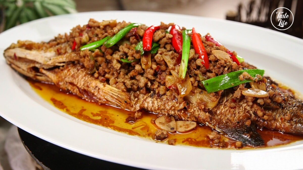 DryBraised Fish With Pork in Spicy Sauce bass catfish fish