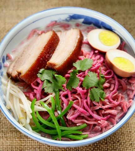 Beet Noodle Soup with Braised Pork Belly 