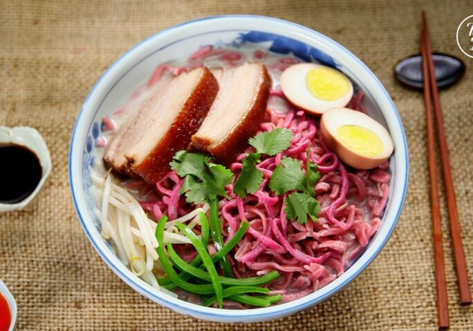Beet Noodle Soup with Braised Pork Belly 