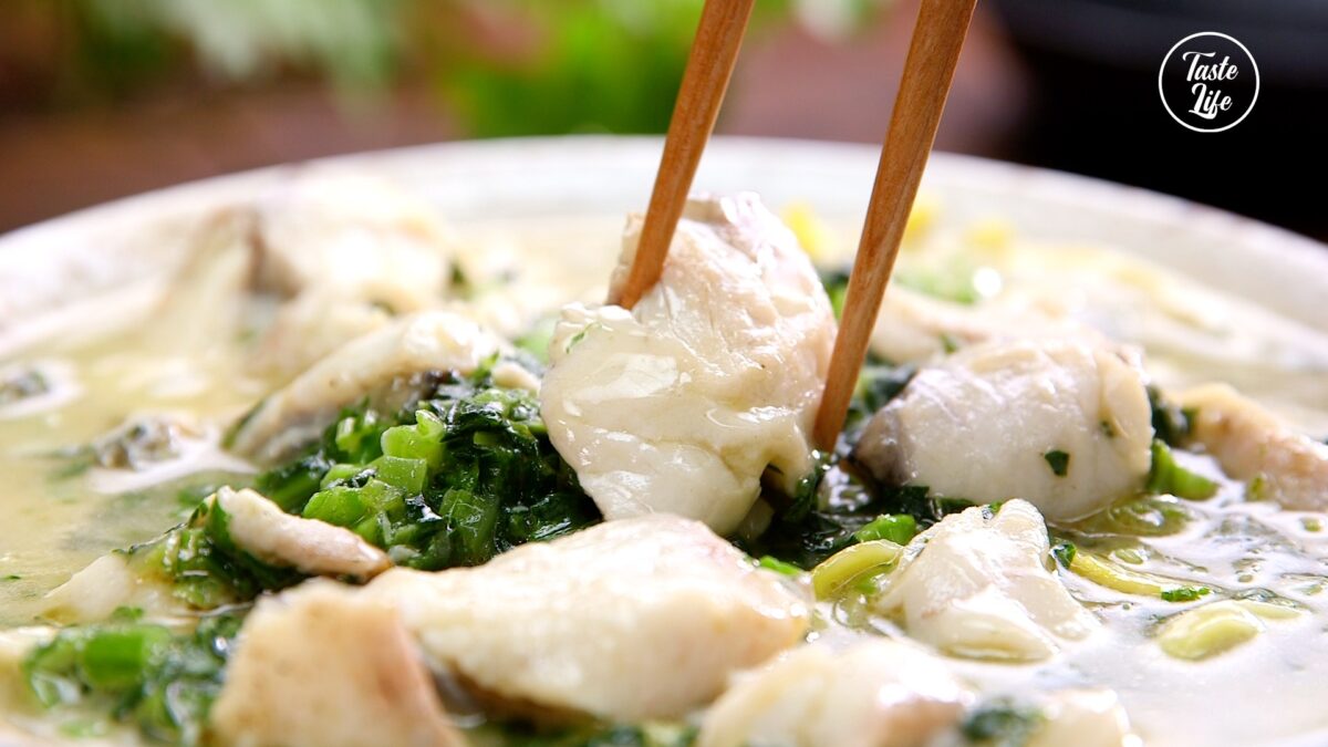 Mustard Green and Fish Noodle Soup bacon breakfast brunch Taste