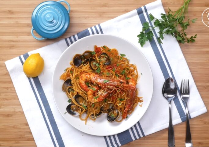 Seafood Spaghetti with Tomato Saffron Sauce