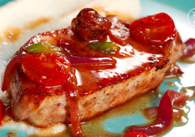 Pork Chops with Plum Tomato Sauce and Cauliflower Puree