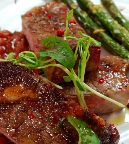 Steak With Apple Sauce and Roasted Asparagus