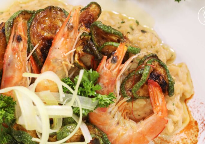 Risotto Cream Shrimps With Scapece Style Zucchini