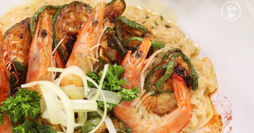 Risotto Cream Shrimps With Scapece Style Zucchini
