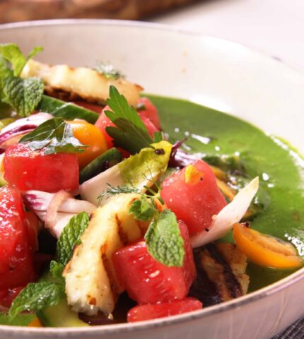 Watermelon Salad With Saganaki Halloumi