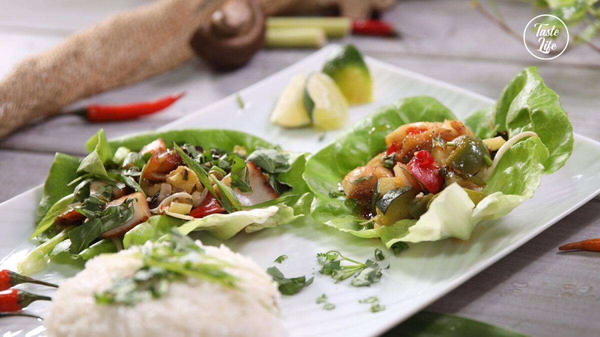 Spicy Thai Basil Scallops Butter Leaf Cups cooking dinner dinner