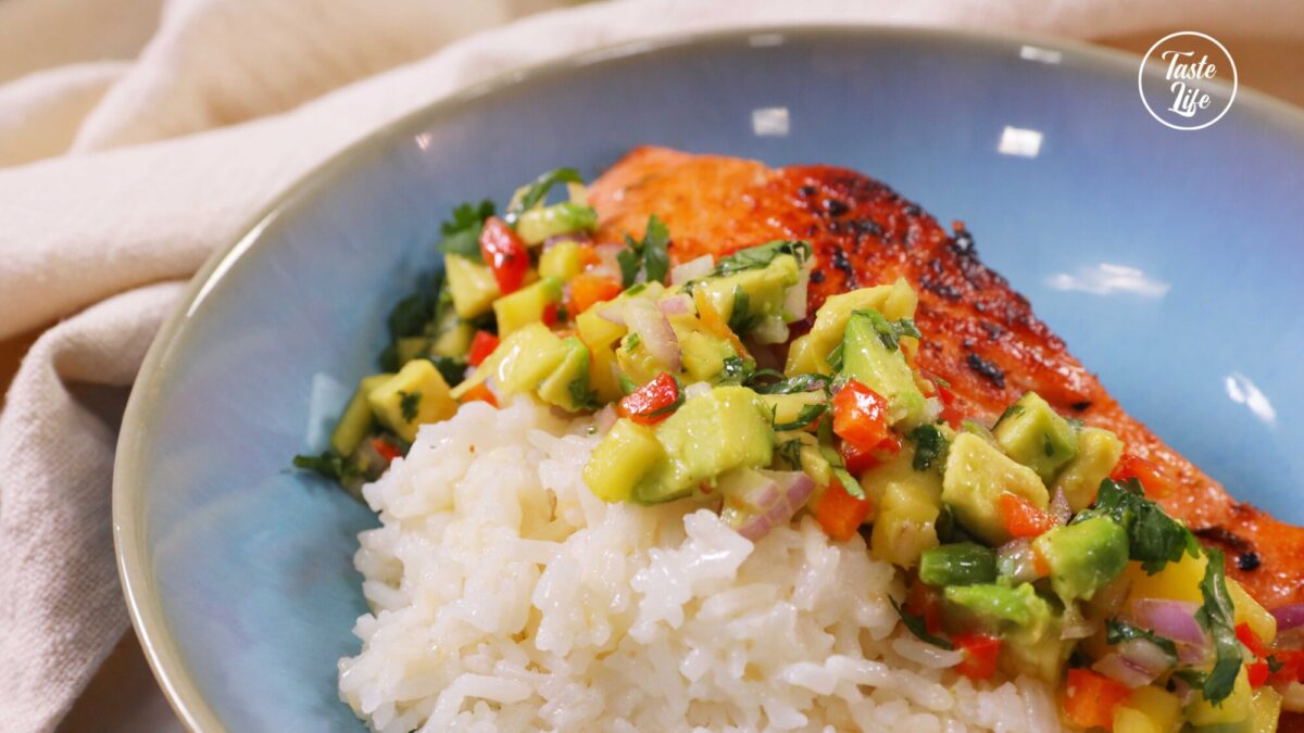 Lime Salmon With Avocado Mango Salsa Served With Coconut Rice | how to make | salmon | salmon recipe