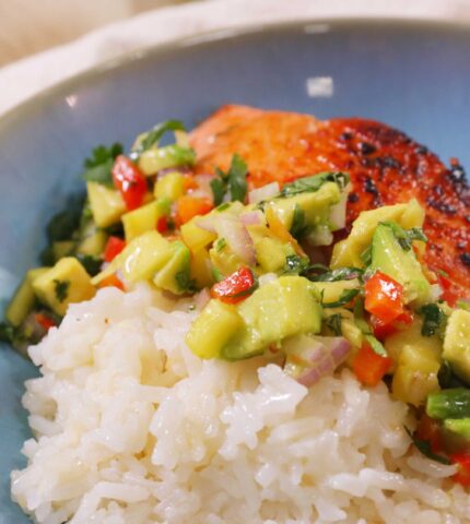 Lime Salmon With Avocado Mango Salsa Served With Coconut Rice