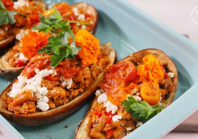 Baked Eggplant Stuffed With a Chicken Ragu