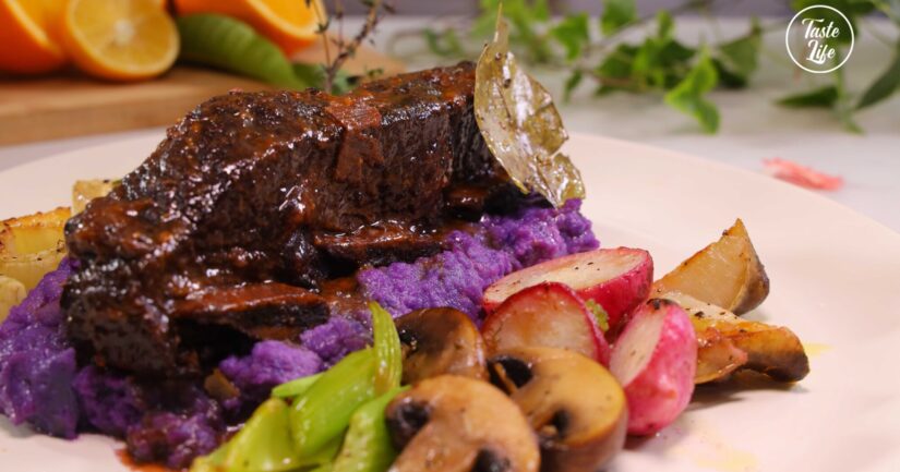 Braised Short Ribs With Caramelized Vegetables and Mashed Purple Potato