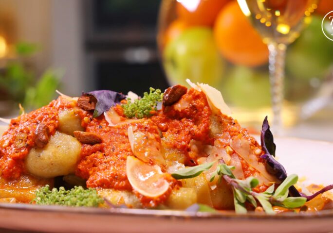 Cauliflower Gnocchi With Roasted Red Pepper Sauce
