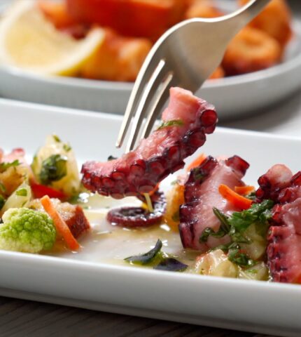 Octopus on a Bed of Croutons and Sauce Vierge