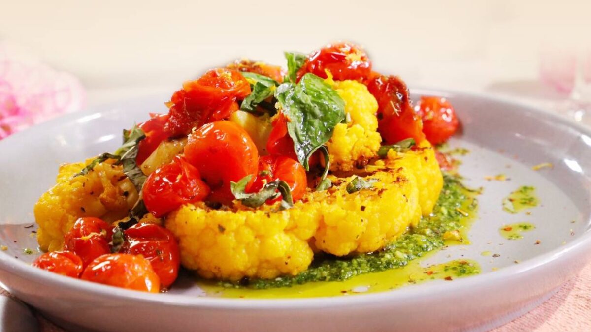 Cauliflower Gnocchi with Basil Pesto & Blistered Tomatoes