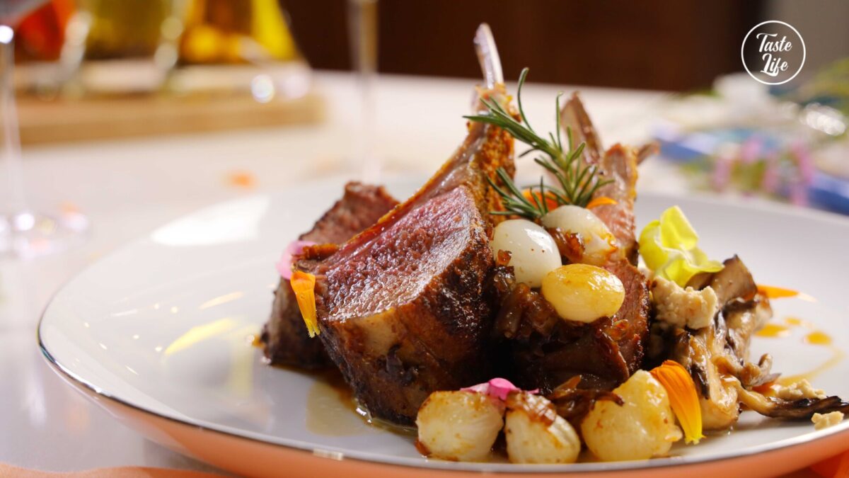 Roasted Te Mana Lamb Rack Maitake Mushrooms Confit Pearl Onions