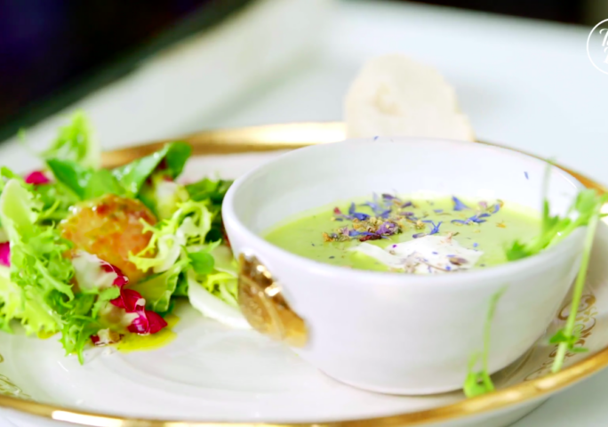 Green Pea Soup with Salad and Seared Scallops