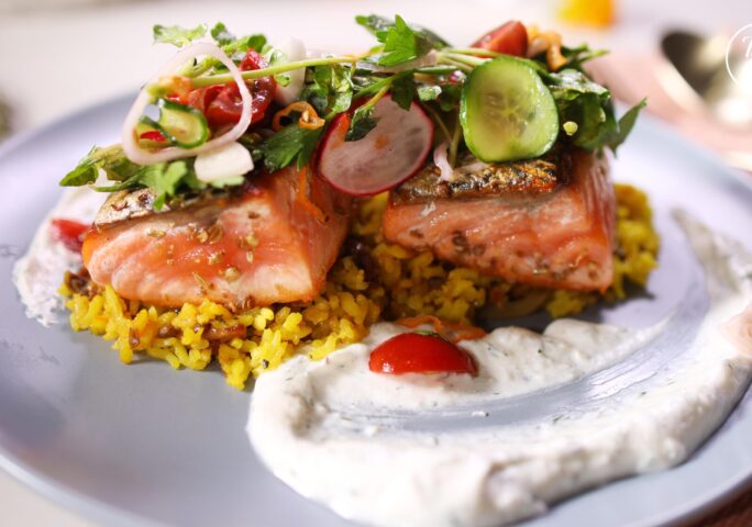 Crispy Skin Salmon with Mejadra Rice and Dill Labneh