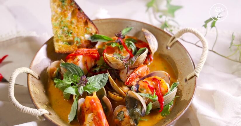 Stir-Fried Seafood In A Sambal Tomato Broth with Thai Basil