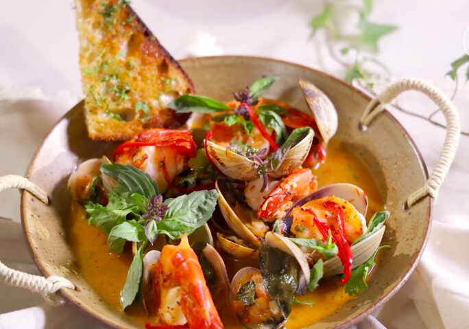 Stir-Fried Seafood In A Sambal Tomato Broth with Thai Basil