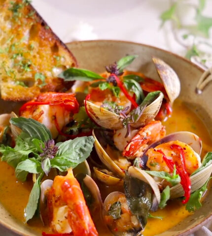 Stir-Fried Seafood In A Sambal Tomato Broth with Thai Basil