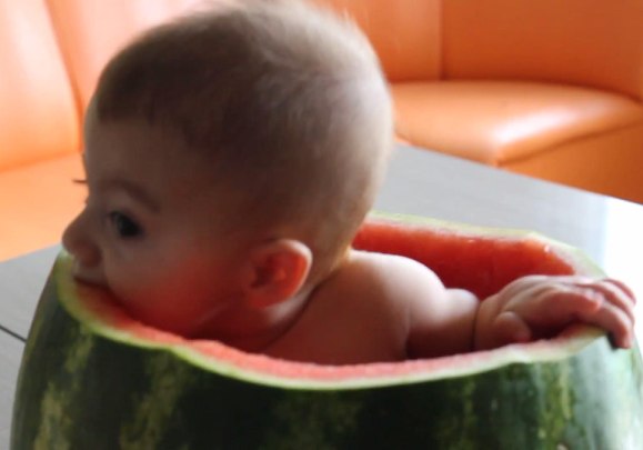 Baby Sits in Watermelon and Eats It