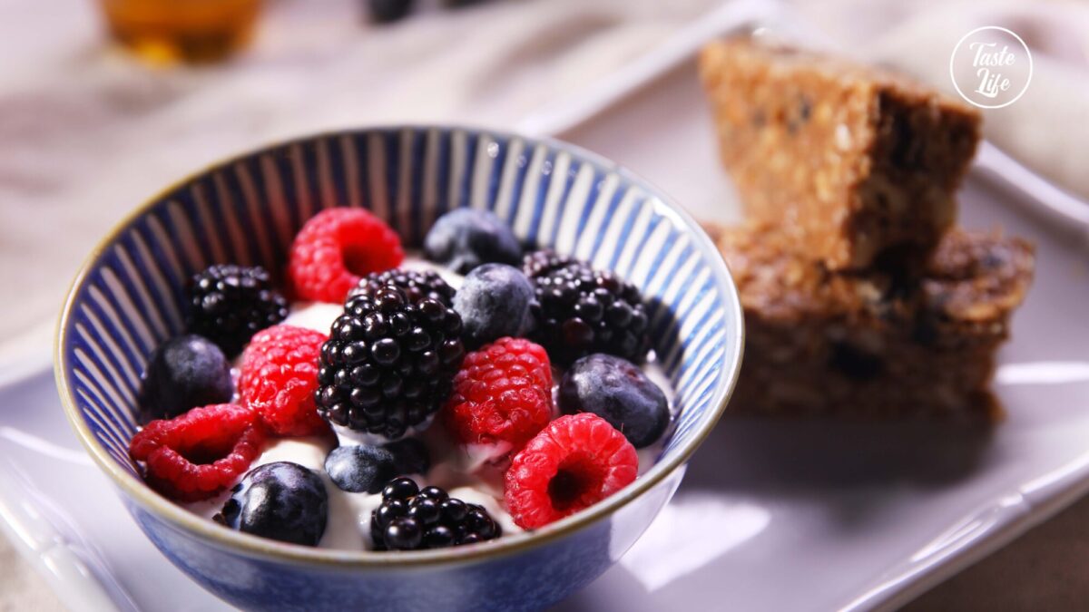 Granola Bars With Honey Yogurt and Fresh Berries bacon breakfast