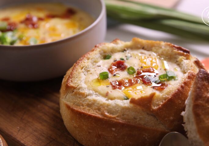 Lower Calorie Loaded Baked Potato Soup in a Bread Bowl