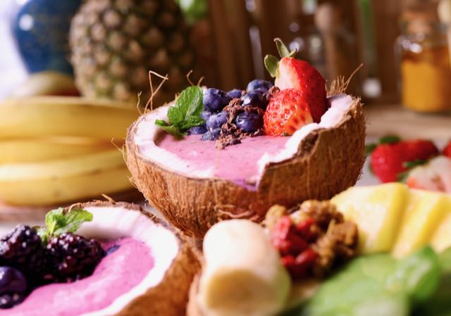 Superfood Healthy Smoothies On Fresh Coconut Bowl