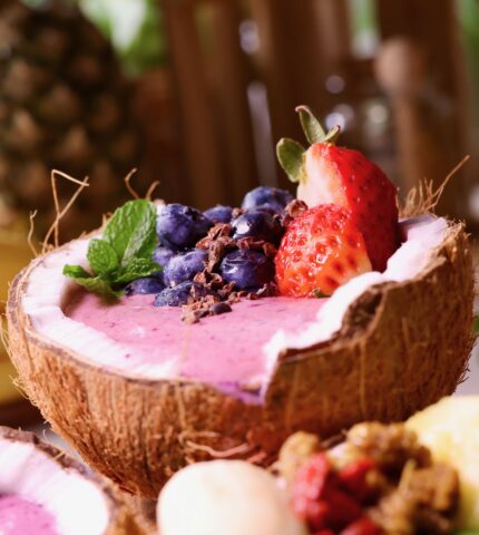Superfood Healthy Smoothies On Fresh Coconut Bowl