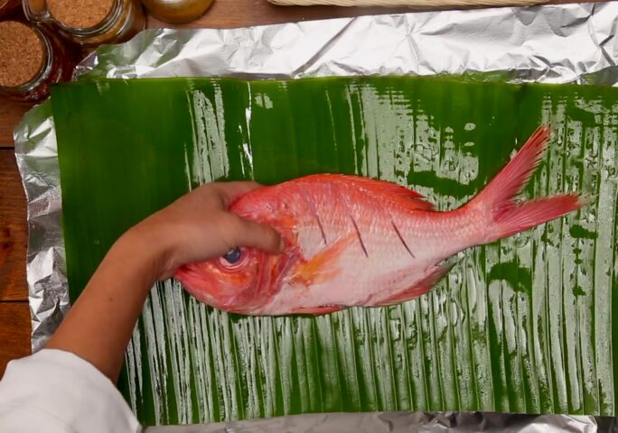 Red Snapper Wrapped In Banana Leaves, wrapped