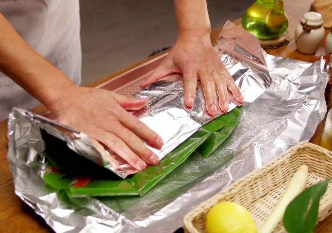 Red Snapper Wrapped In Banana Leaves, wrapped