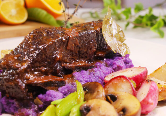 Braised Short Ribs With Caramelized Vegetables and Mashed Purple Potato